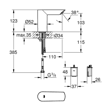 Mitigeur Grohe, robinet lavabo chromé, schéma technique avec dimensions détaillées
