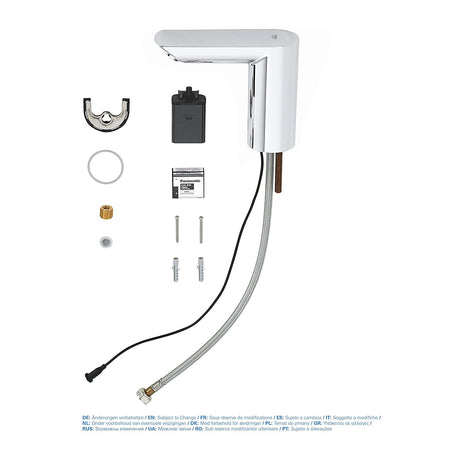Mitigeur Grohe, robinet automatique chromé, accessoires de montage inclus.