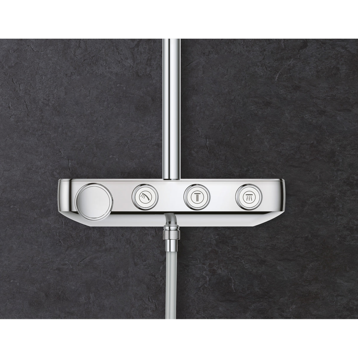 Mitigeur de douche Grohe, type thermostatique, couleur argent chromé, boutons de commande visibles