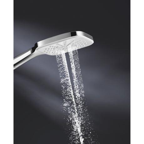 Pommeau de douche Grohe rectangulaire, chromé, avec jets d’eau, couleur argent.