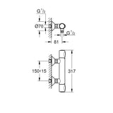 Schéma technique mitigeur thermostatique Grohe, robinetterie, chrome, dimensions indiquées.