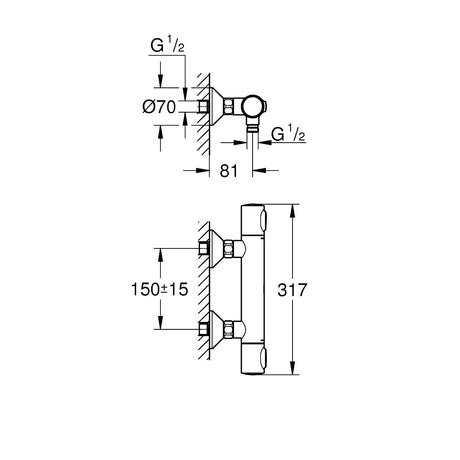 Schéma technique mitigeur thermostatique Grohe, robinetterie, chrome, dimensions indiquées.
