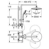 Schéma technique colonne de douche Grohe, inox chromé, avec douchette et pommeau rond.