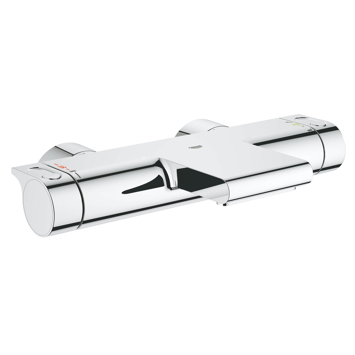 Mitigeur thermostatique Grohe chromé, robinet mural moderne pour salle de bain, couleur argentée.