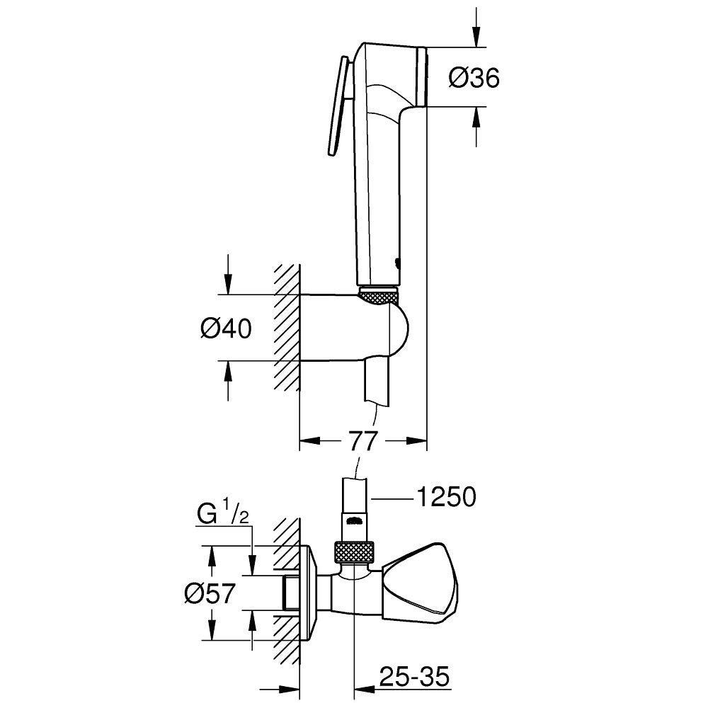 Schéma technique douchette sanitaire Grohe, plastique chromé, dimensions détaillées.