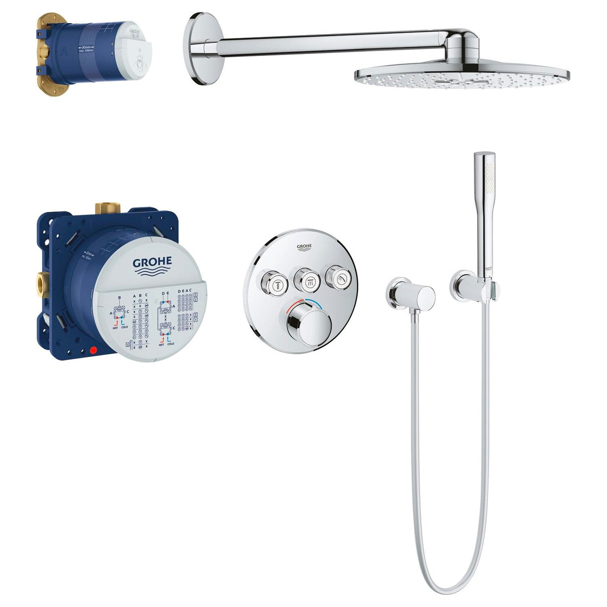 Ensemble douche Grohe, robinetterie de douche chromée, mitigeur thermostatique argent.