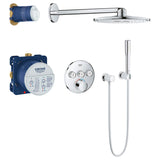 Ensemble douche Grohe, robinetterie de douche chromée, mitigeur thermostatique argent.