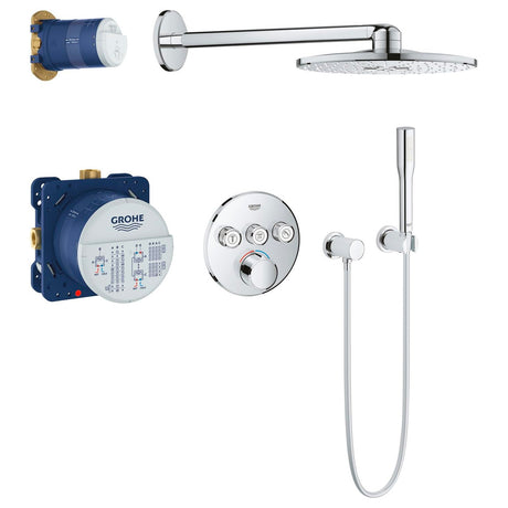 Ensemble douche Grohe, robinetterie de douche chromée, mitigeur thermostatique argent.