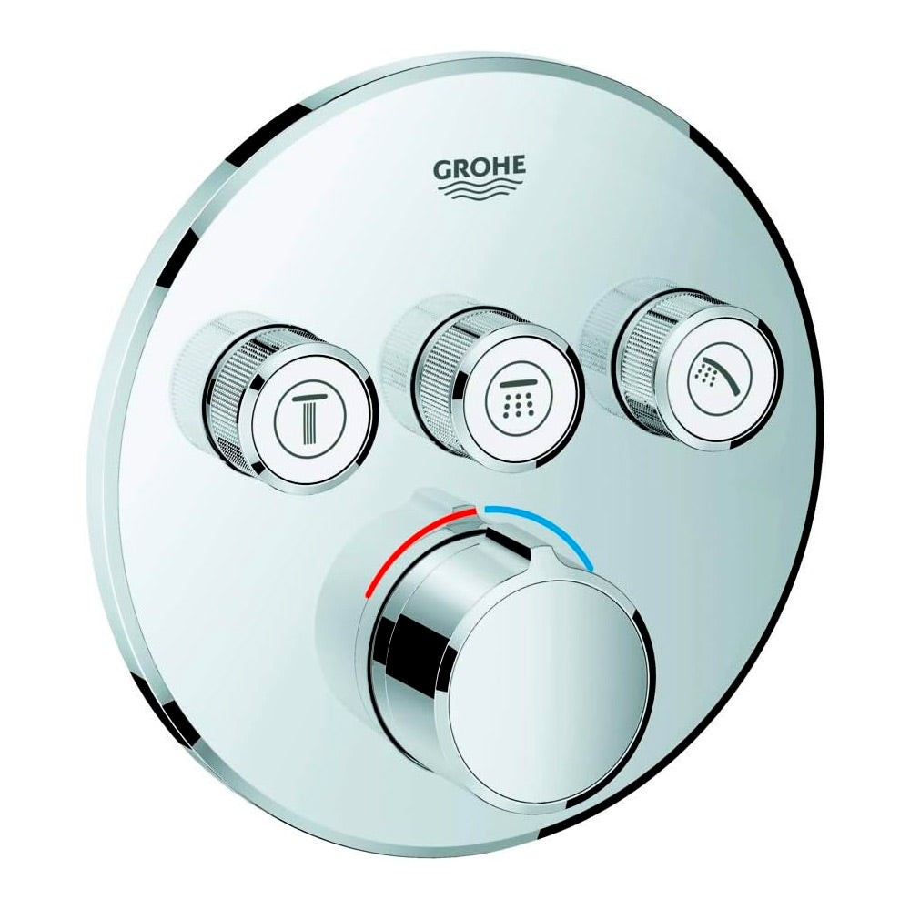 Mitigeur thermostatique Grohe, robinet de douche, couleur chromée, design moderne.