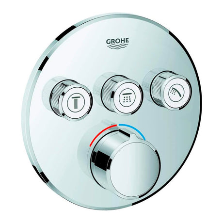 Mitigeur thermostatique Grohe, robinet de douche, couleur chromée, design moderne.