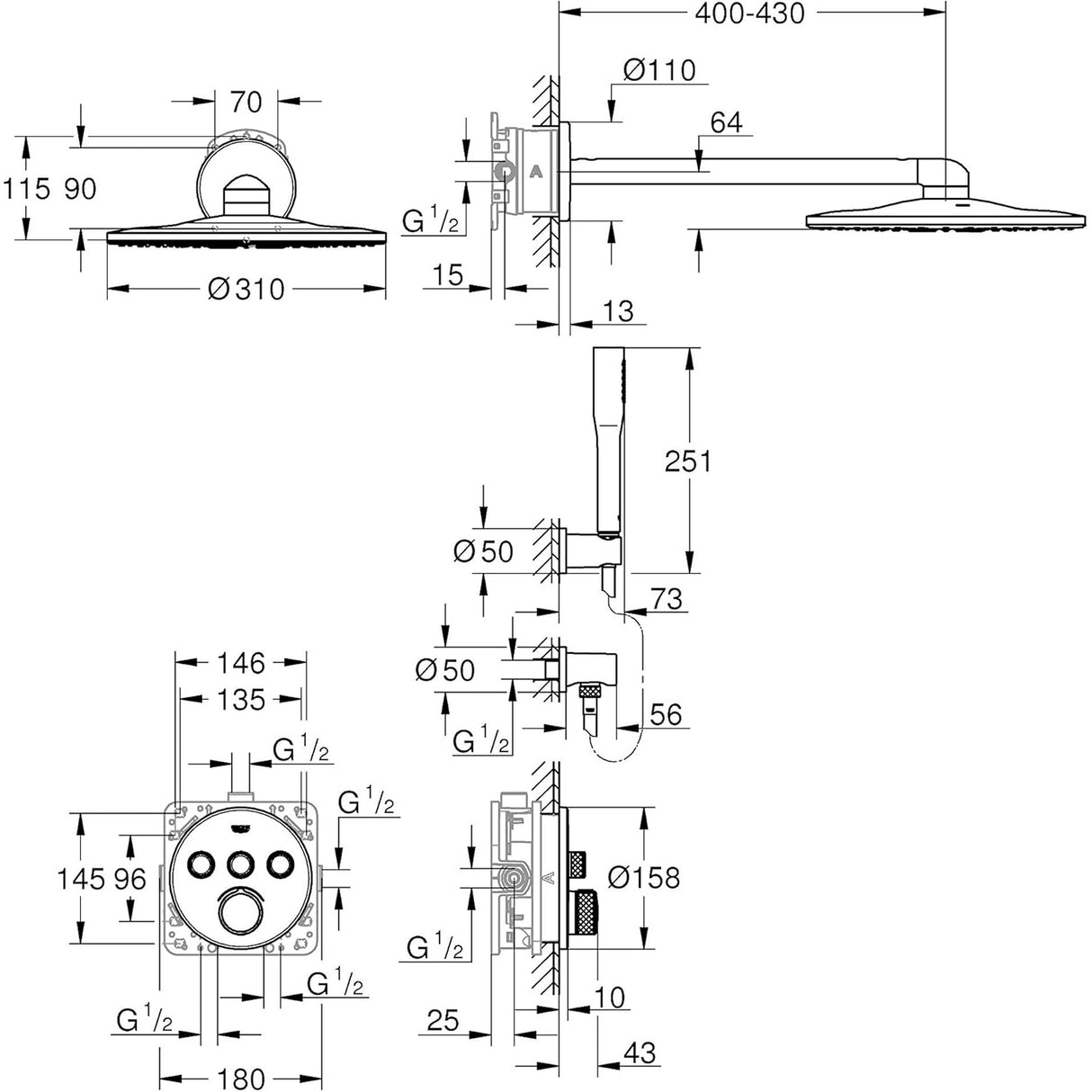 Plan technique douche Grohe, colonne de douche murale chromée, dimensions détaillées.