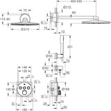 Plan technique douche Grohe, colonne de douche murale chromée, dimensions détaillées.