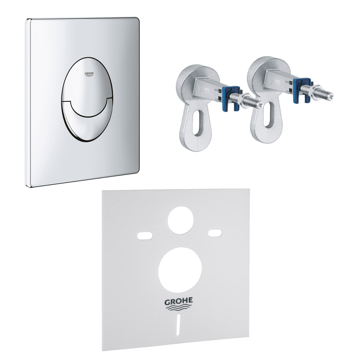 Plaque de commande Grohe chrome pour WC, kit fixation, couleur argentée.