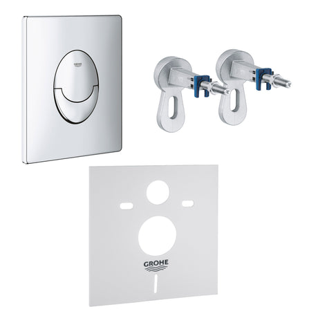 Plaque de commande Grohe chrome pour WC, kit fixation, couleur argentée.