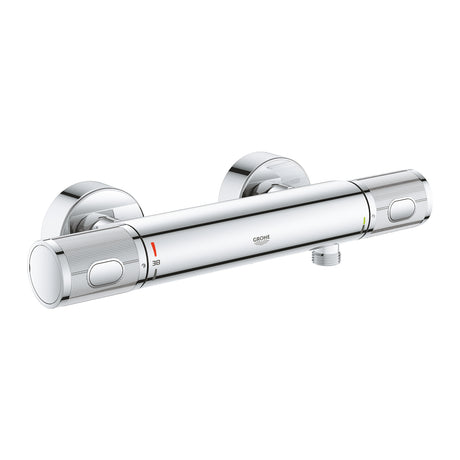 Mitigeur thermostatique de douche Grohe, finition chromée, design moderne.