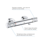 Mitigeur thermostatique Grohe chromé, robinet mural argent, sécurité anti-brûlure.