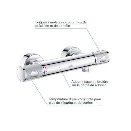 Mitigeur thermostatique Grohe chromé, robinet mural argent, sécurité anti-brûlure.
