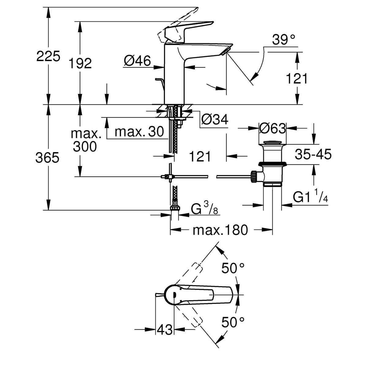 Schéma technique du mitigeur lavabo Grohe en finition chromée, dimensions détaillées.
