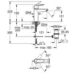 Schéma technique du mitigeur lavabo Grohe en finition chromée, dimensions détaillées.