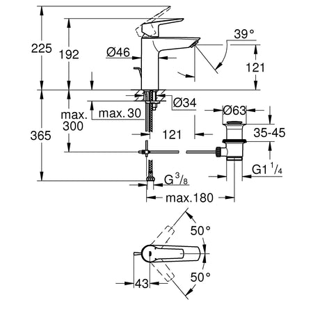 Schéma technique du mitigeur lavabo Grohe en finition chromée, dimensions détaillées.