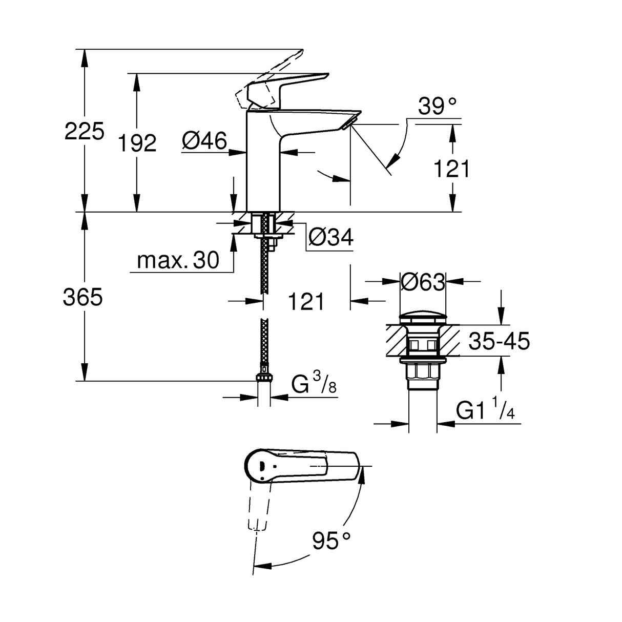 Mélangeur lavabo Grohe chromé, schéma technique et dimensions du robinet de salle de bain.