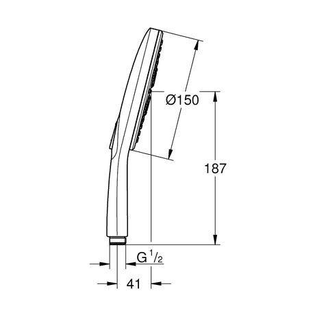 Douchette Grohe, sanitaire, chromée, schéma technique avec dimensions