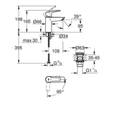 Mitigeur Grohe, robinet chromé, schéma technique avec dimensions détaillées.