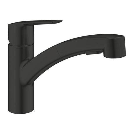 Mitigeur cuisine Grohe noir mat, robinet moderne avec bec orientable
