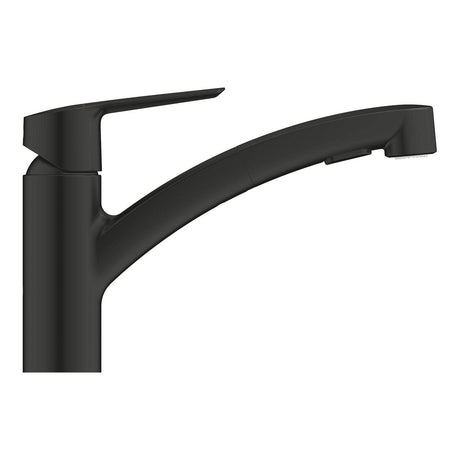 Mitigeur noir GROHE, robinet de cuisine moderne, design élégant.