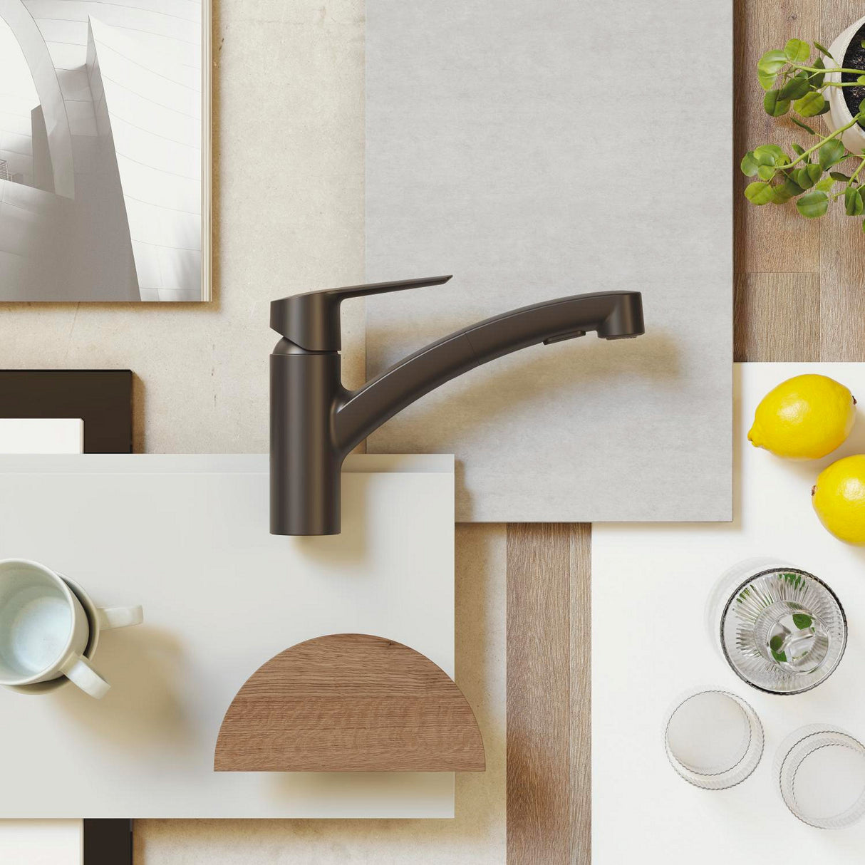 Mitigeur de cuisine Grohe, robinet bec orientable, couleur bronze, posé sur plan de travail.