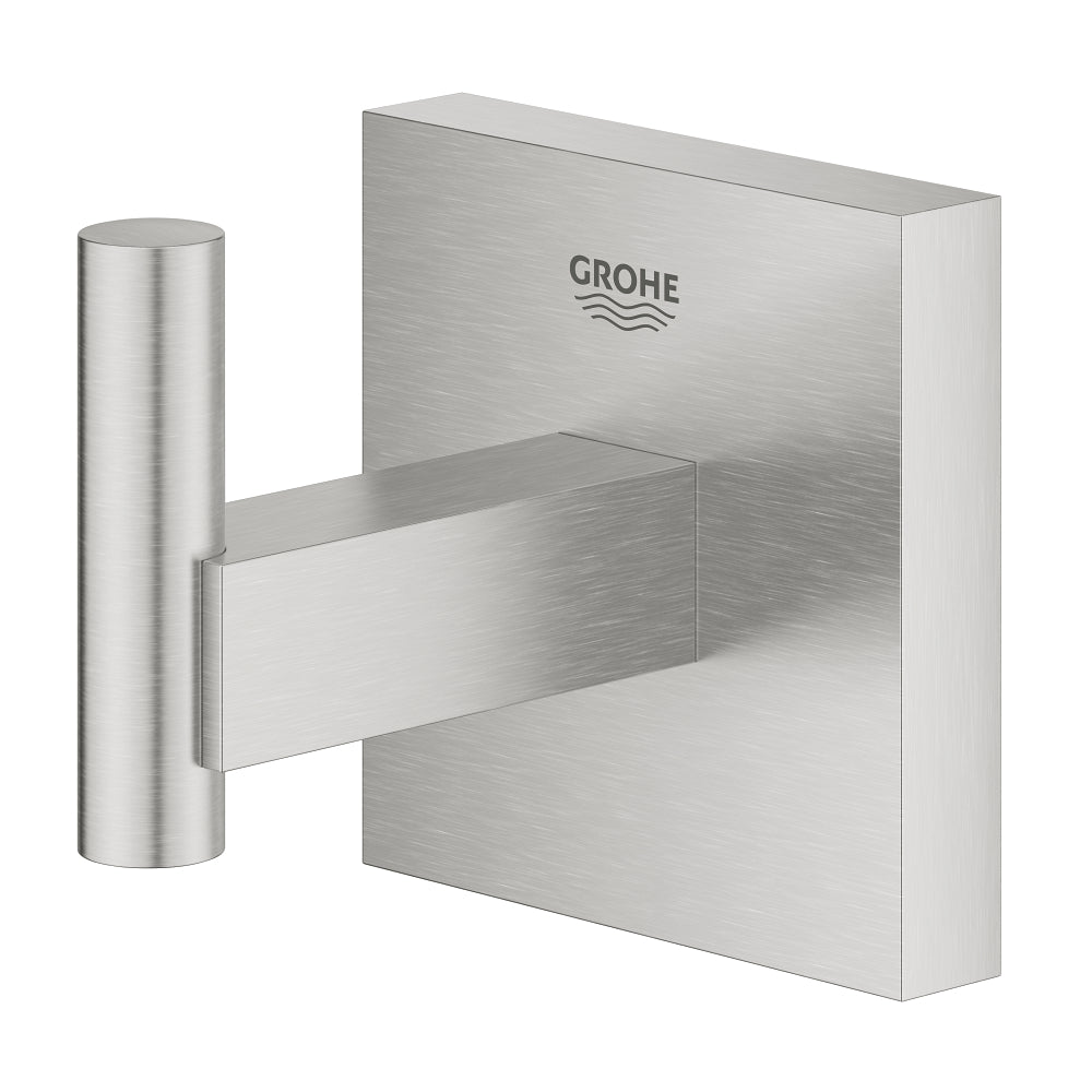 Patère murale Grohe en inox brossé, accessoire salle de bains couleur argentée.
