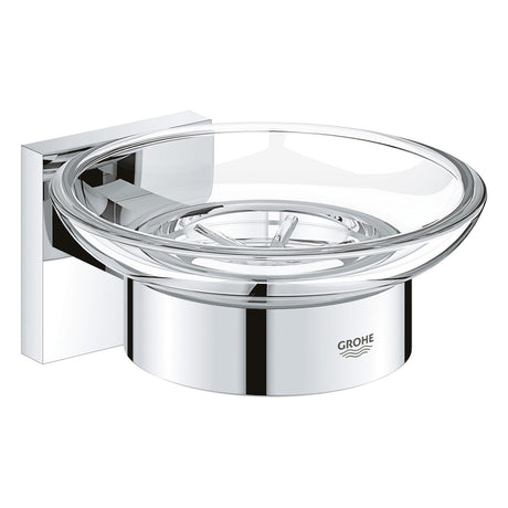 Porte-savon mural Grohe, accessoire salle de bain, couleur chromée et verre transparent.