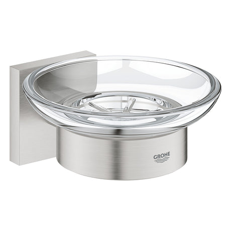 Porte-savon mural Grohe, accessoire salle de bain, couleur inox et verre transparent.