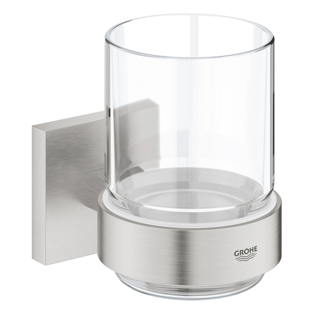 Verre porte-gobelet mural Grohe en acier brossé couleur argent pour salle de bain