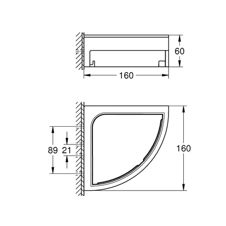 Plan technique étagère de douche angle Grohe, plastique blanc, dimensions 160x160 mm.