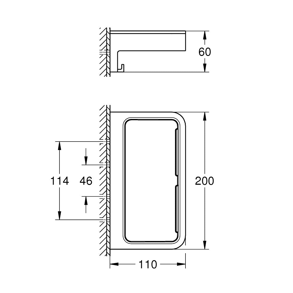 Plan technique porte-savon encastré Grohe, porte-savon mural rectangulaire chromé.