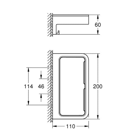 Plan technique porte-savon encastré Grohe, porte-savon mural rectangulaire chromé.