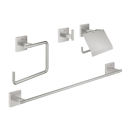 Set d'accessoires salle de bain Grohe, inox brossé, porte-serviettes, porte-papier, crochet mural.