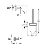 Schéma technique porte-brosse WC mural Grohe, porte-brosse blanc avec dimensions détaillées.