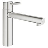 Mitigeur Grohe, robinet de cuisine inox brossé, design moderne.