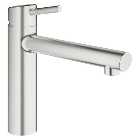 Mitigeur Grohe, robinet de cuisine inox brossé, design moderne.