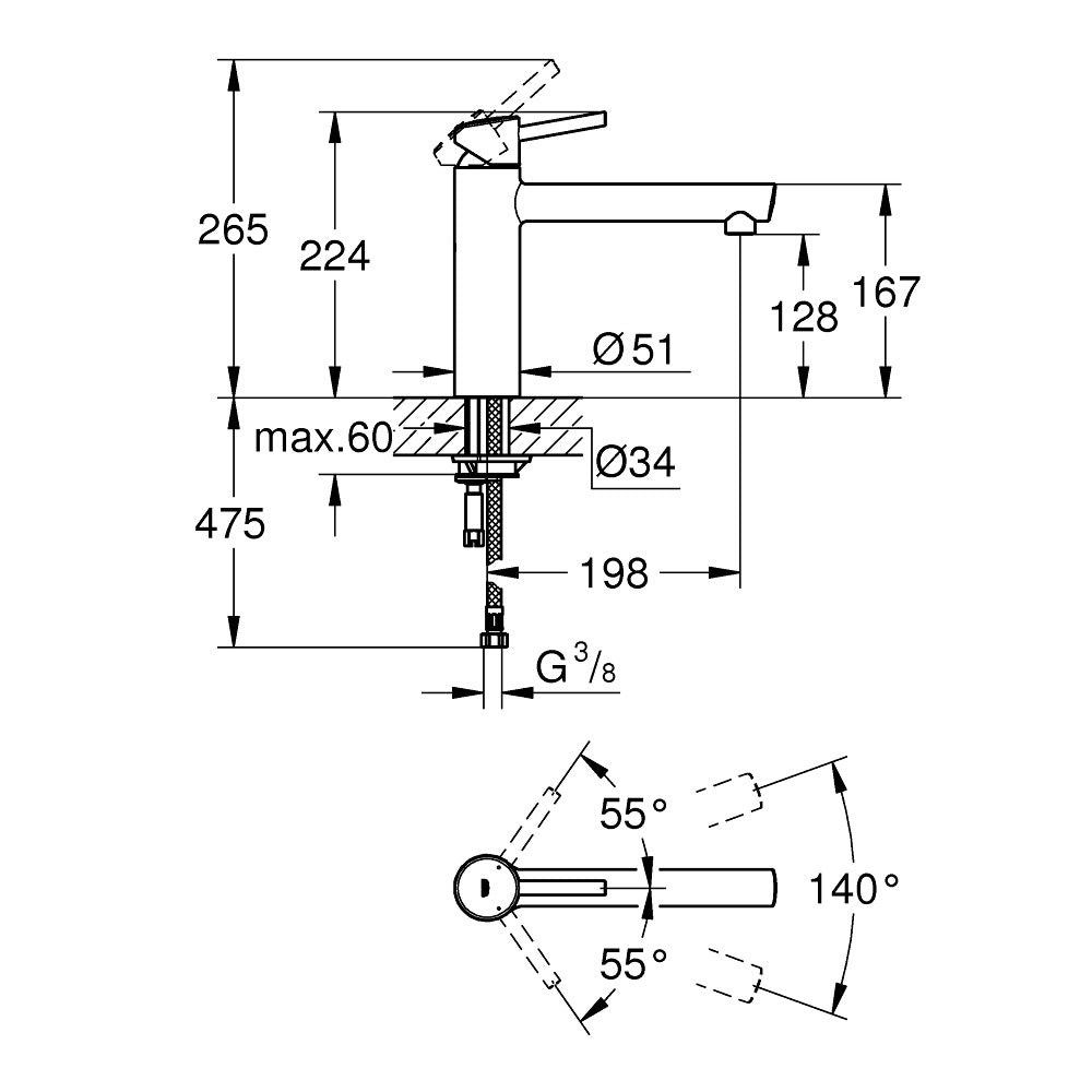 Mitigeur Grohe, robinet salle de bain chromé, schéma technique avec dimensions détaillées.