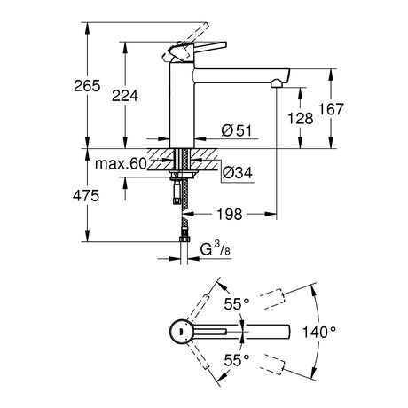 Mitigeur Grohe, robinet salle de bain chromé, schéma technique avec dimensions détaillées.