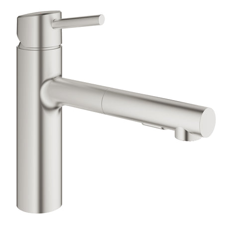 Mitigeur de cuisine Grohe, robinet inox, design moderne, couleur acier inoxydable brossé