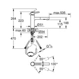 Schéma technique mitigeur Grohe, robinet de cuisine, chromé, avec dimensions précises.