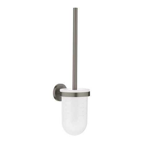 Brosse WC murale Grohe, accessoire sanitaire gris et blanc en métal et verre dépoli.