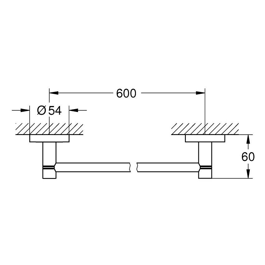 Schéma technique Grohe, barre d'appui inox, couleur argent, dimensions 600x54x60 mm