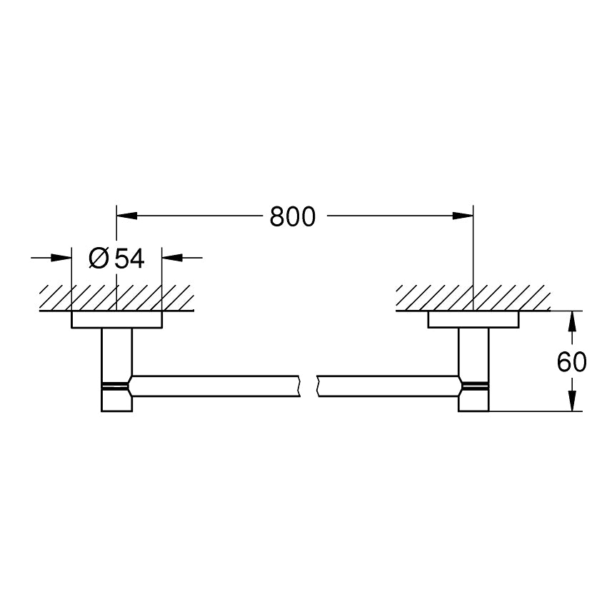 Schéma technique de barre d'appui Grohe, inox, dimensions 800 mm x 54 mm, hauteur 60 mm.