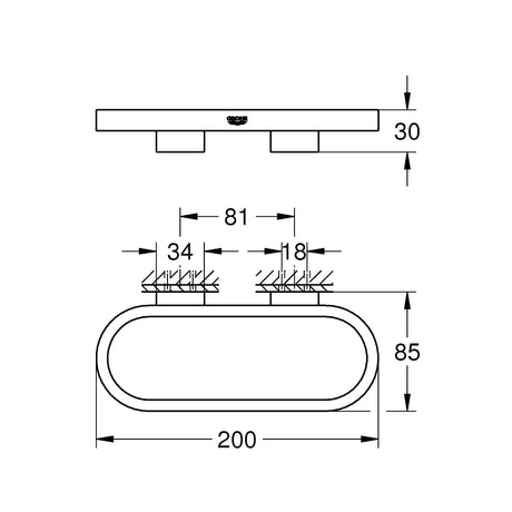 Schéma technique support mural Grohe, porte-savon rectangulaire chromé, dimensions indiquées