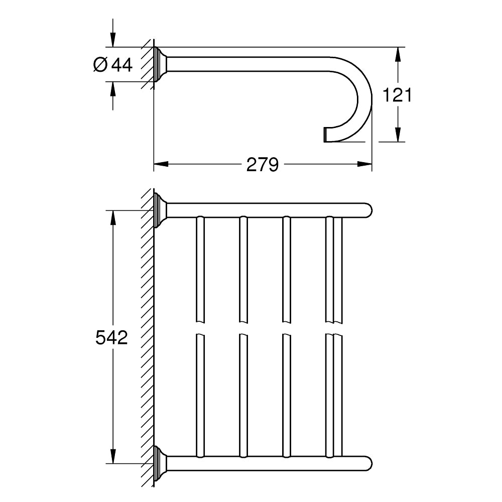 Barre porte-serviettes Grohe, accessoire salle de bain, chrome, dimensions indiquées